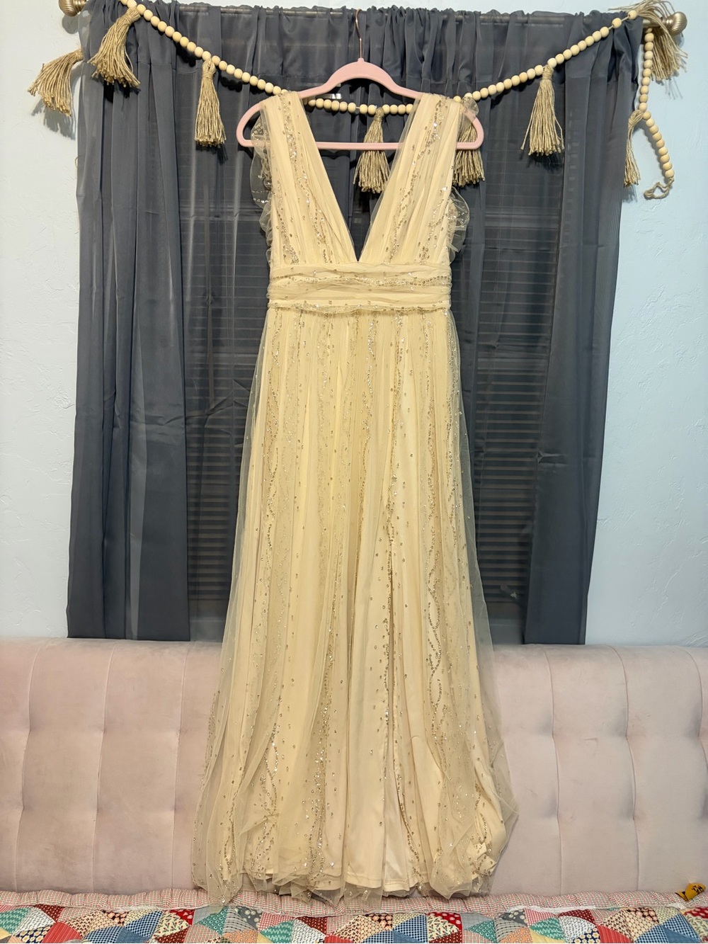 Elegant V-Neck Cream Evening Gown